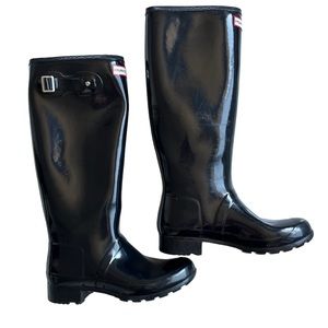 Tall black shiny Hunter boots